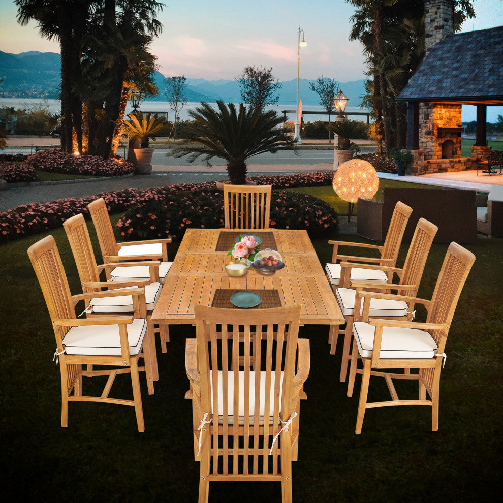 9 Piece Teak Wood Balero Outdoor Patio Dining Set, Rectangle Table, 8 Arm Chairs