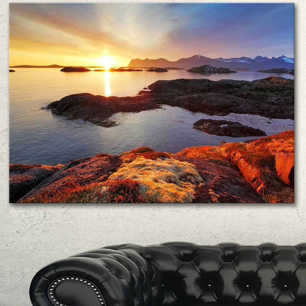 Ocean Coast Nice Sunset in Norway, Large Seashore Canvas Art Print, 60"x28"