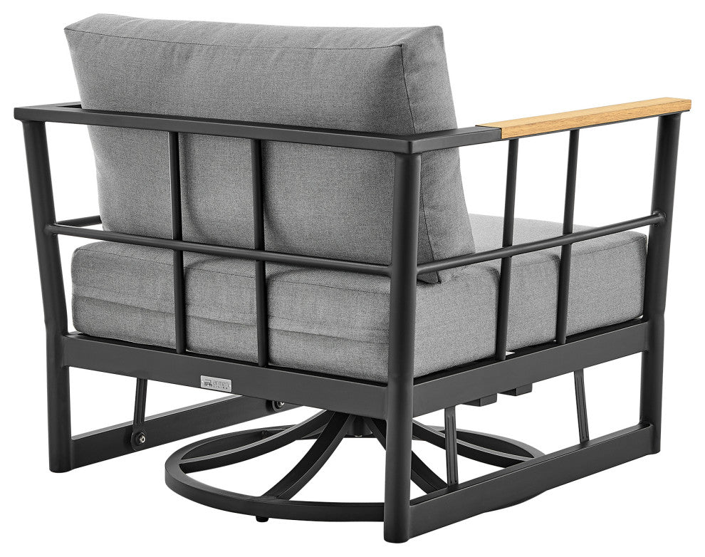 Shari Patio Swivel Glider Lounge Chair in Black Aluminum and Teak Wood