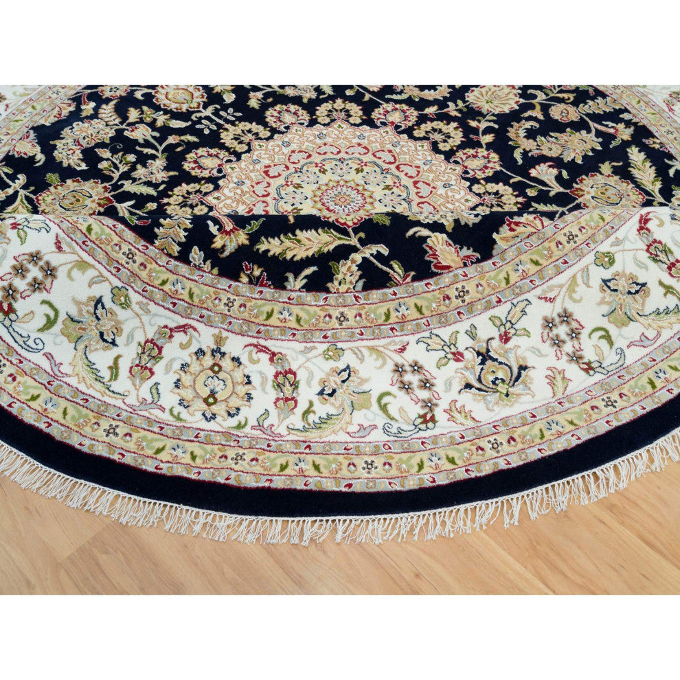 Blue 250 KPSI Extra Soft Wool Hand Knotted Nain Design Round Rug 9'10"x9'10"