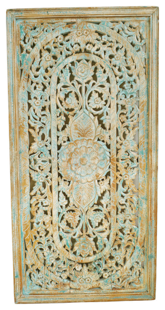 Consigned Blue Wash Wood Carved Panel