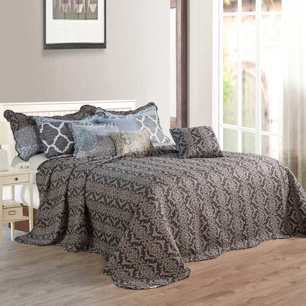 Serenta Floral Medalion 9-Piece Bed Spread Set, Gray, King, 122"x106"