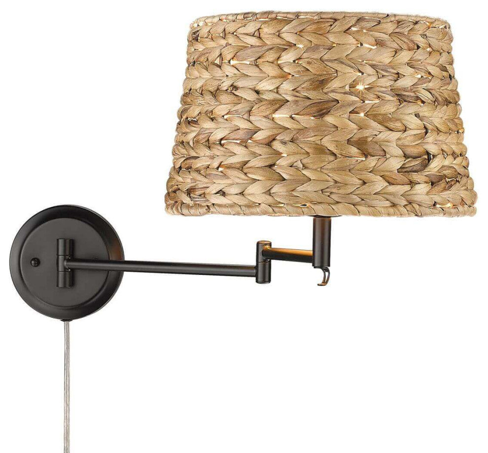 13" Tall Articulating Wall Sconce, Matte Black, Woven Sweet Grass