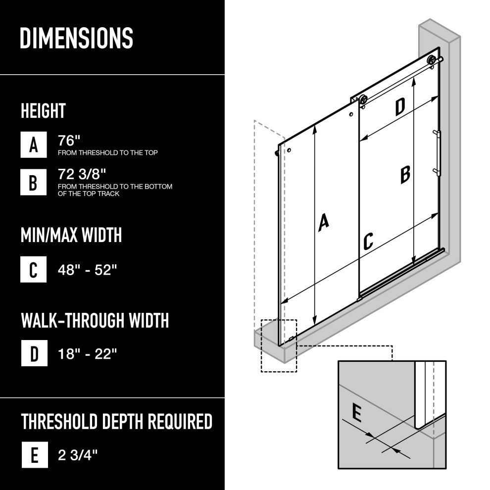 VIGO Elan Cass Aerodynamic 48" to 52" W x 76" H Frameless Sliding Shower Door, Matte Black, Clear Glass