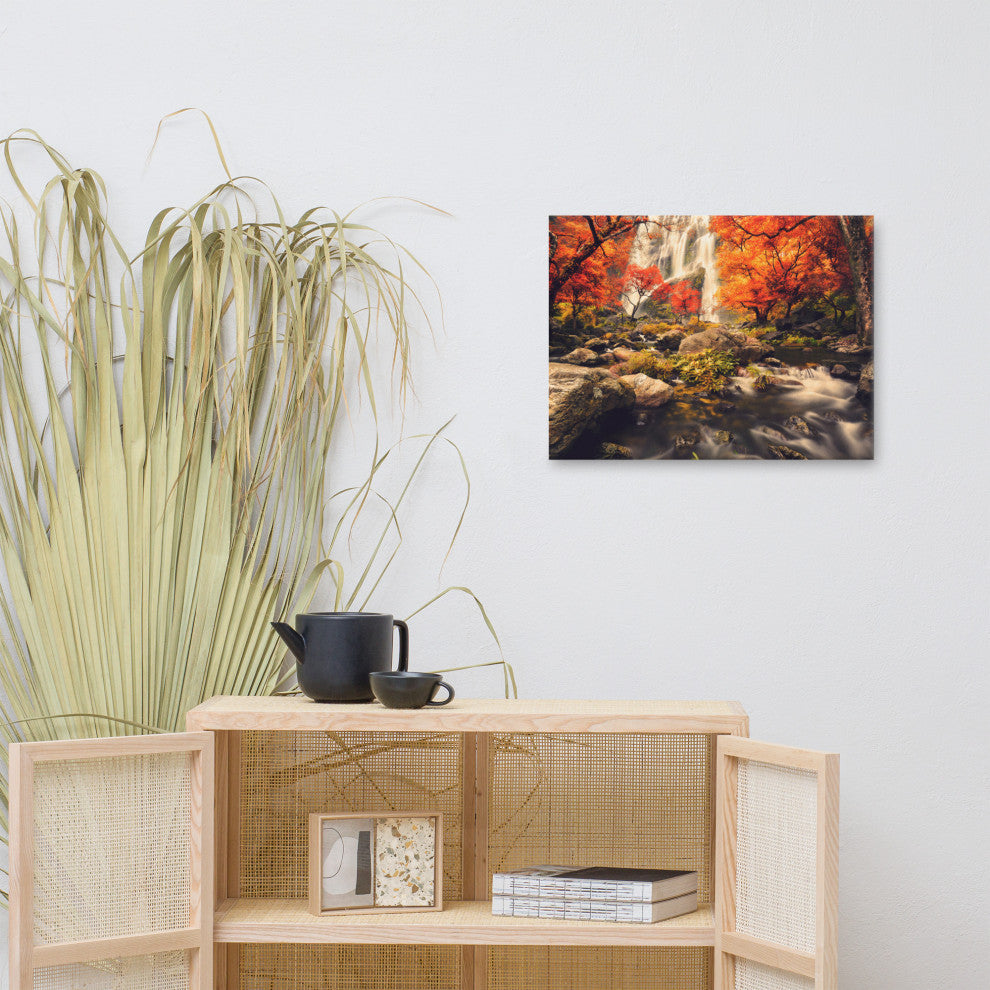 Waterfall in the Autumn Golden Shadow Effect Landscape Photo Canvas Art Print, 18" X 24"