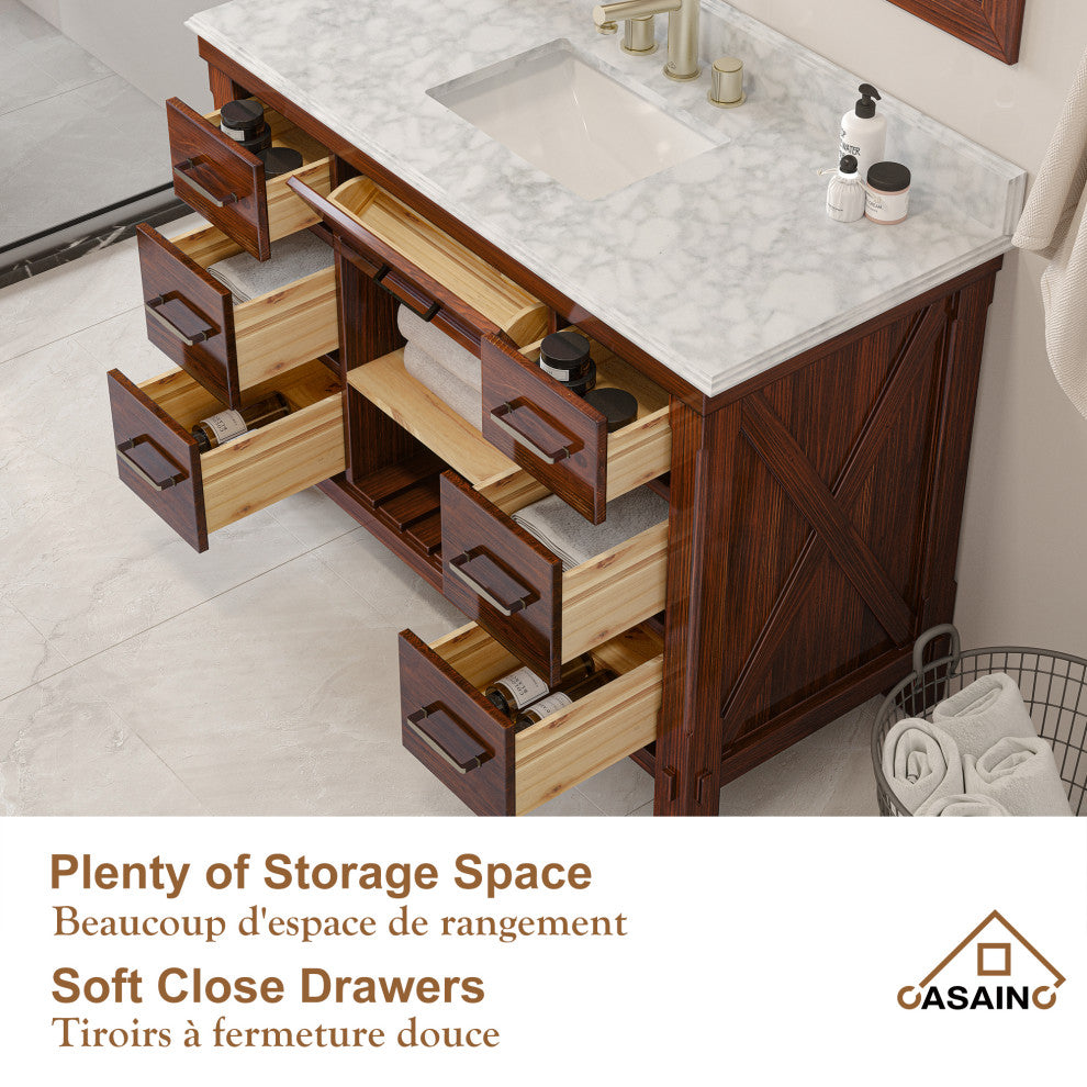 Freestanding Bath Vanity in Brown with White Carrara Marble Top, 48in