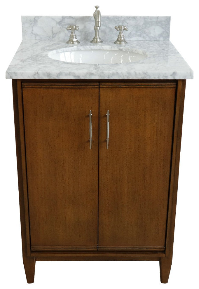 25" Single Sink Vanity, Walnut Finish, White Carrara Marble and Oval Sink