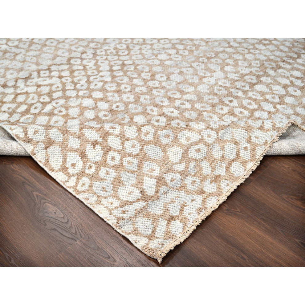 Almond Brown Cropped Thin Hand Knotted Natural Wool Oriental Rug, 9'x11'11"