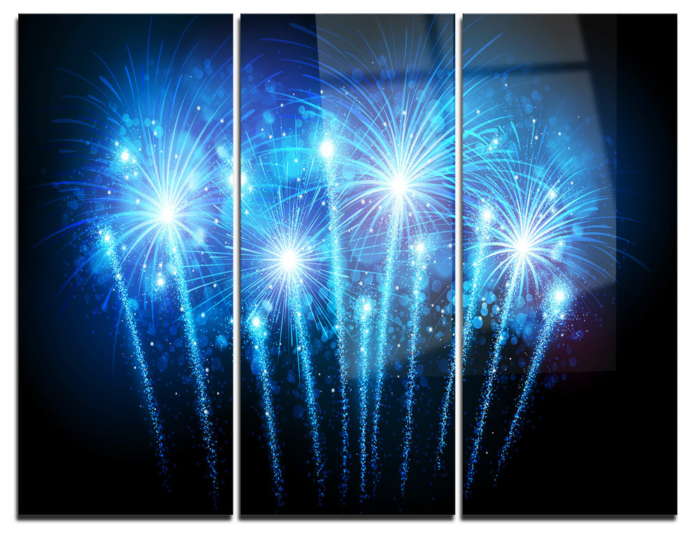 "Blue Fireworks at Night Sky" Photo Metal Wall Art, 3 Panels, 36"x28"