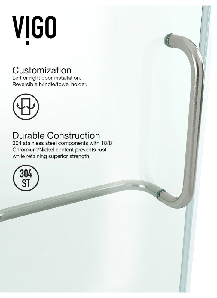 VIGO Monteray 30"D x 30"W x 73"H Frameless Hinged Shower Enclosure, Brushed Nickel, Without Base