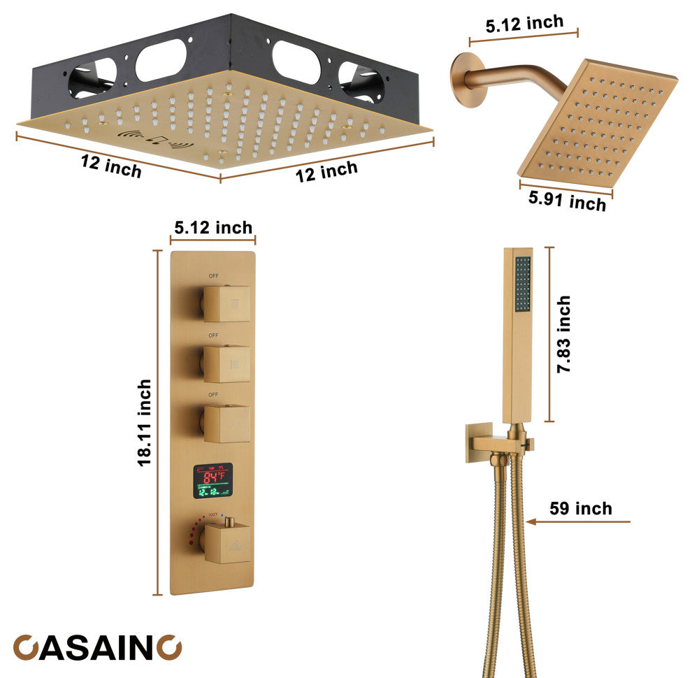 12inch Luxury Shower Dual Shower Head System With LED Light and Bluetooth, Brushed Gold