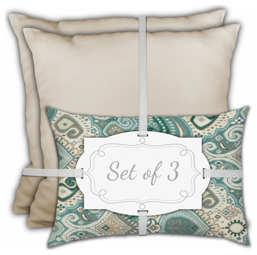 3-Piece Set Teal Boho Chic Indoor Outdoor Zippered Pillows