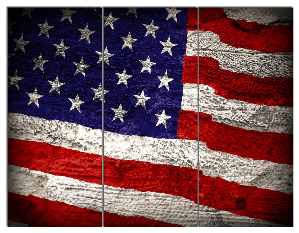 American Flag Watercolor, Abstract Triptych Canvas Artwork, 36x28, 3 Panels