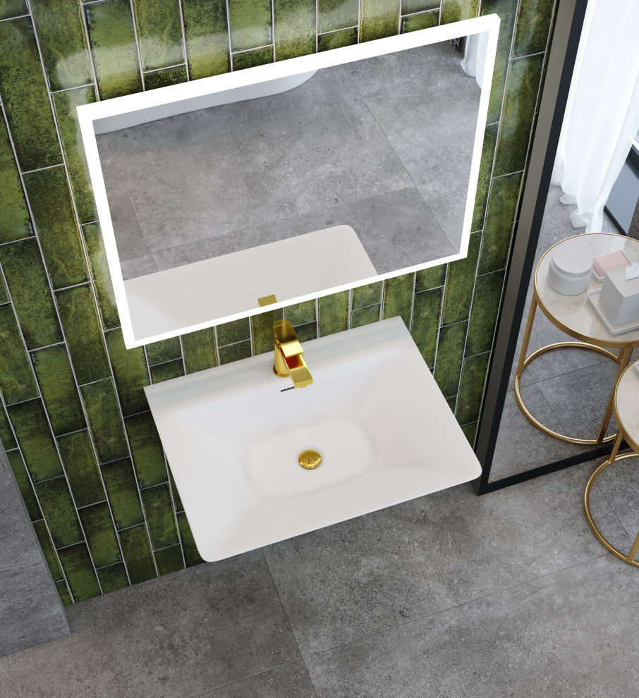 CastelloUSA Carmella Minimalist Wall Mount Bathroom Sink, White, 24''
