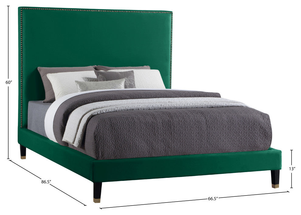 Harlie Velvet Upholstered Bed, Green, Queen