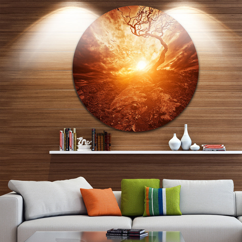 Dramatic Yellow Sun Over Lone Tree, Round Wall Art Landscape, 38"