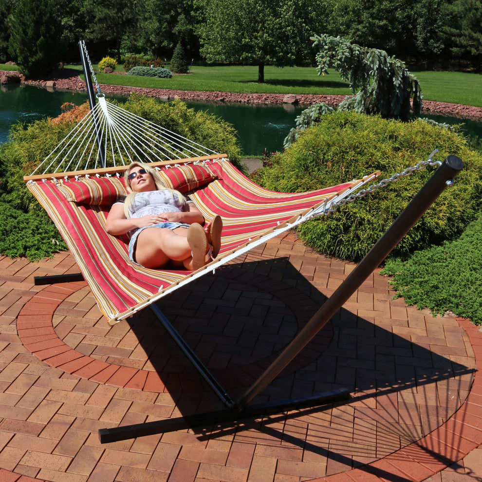 Sunnydaze 2-Person Quilted Spreader Bar Hammock and 12' Stand, Red Stripe
