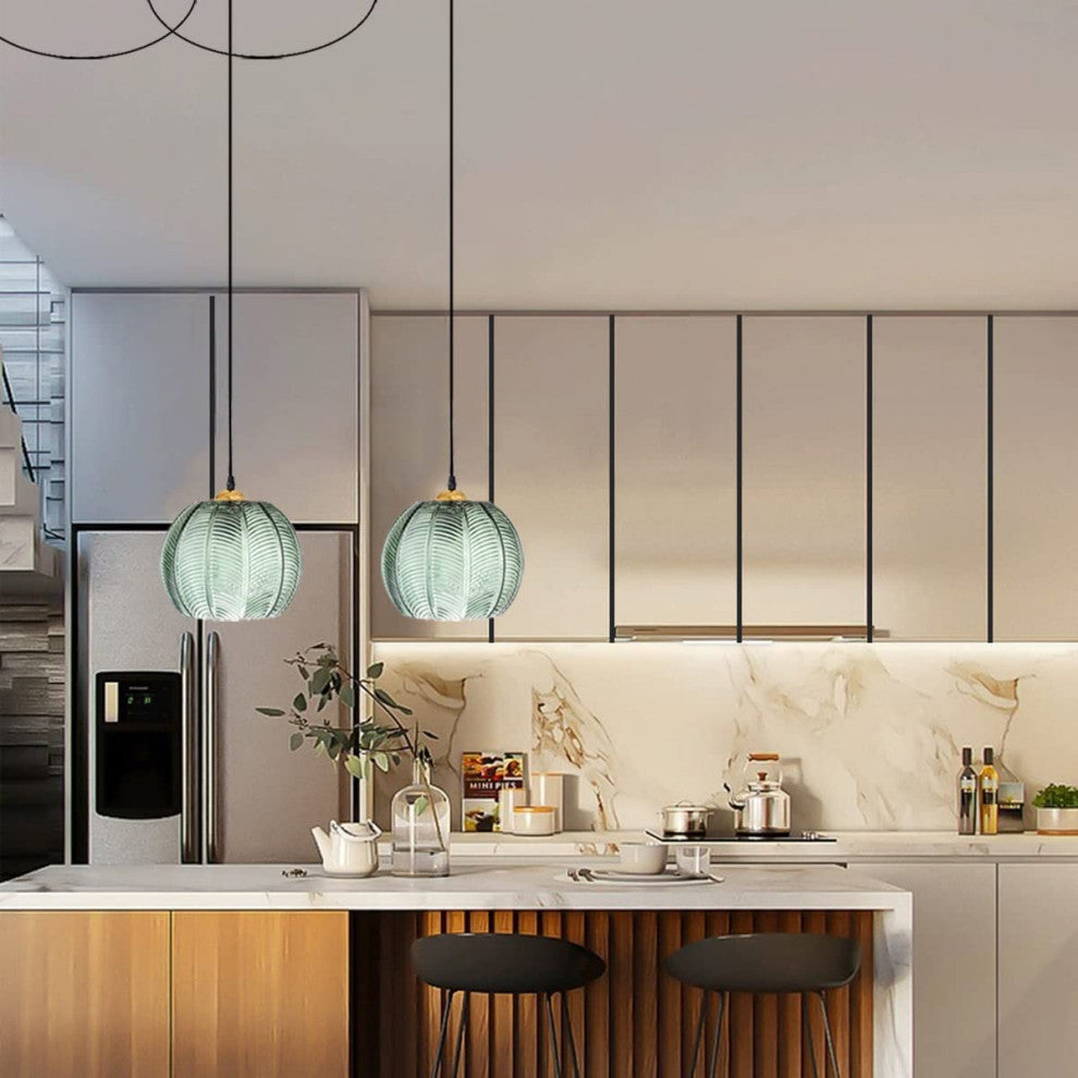 Plug In Glass Pendant Light Fixture, Modern Globe, Green