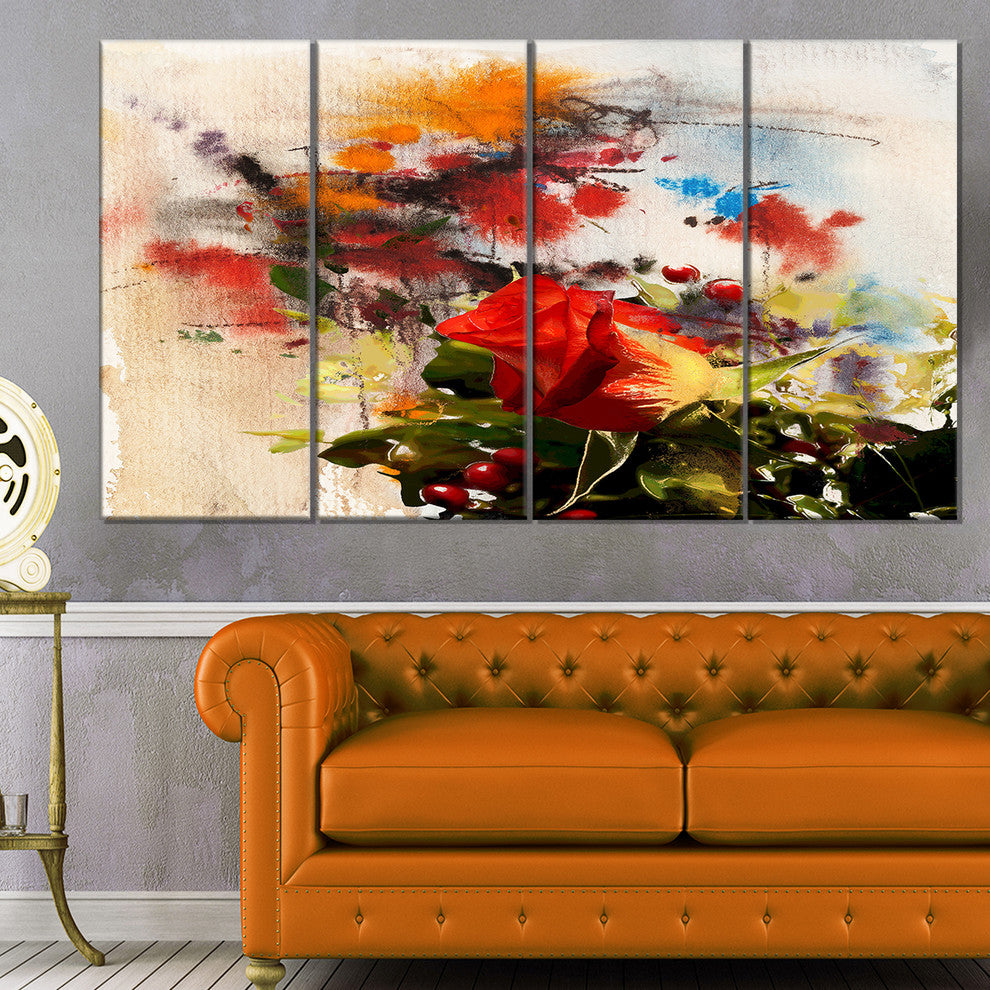 Roses and Sunny Day Watercolor, Floral Art Canvas Print, 48"x28", 4 Panels