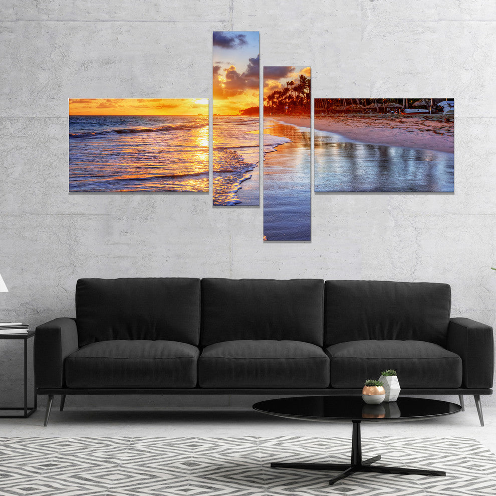 Beach Side Resort With Palm Trees, Seashore Canvas Art Print, 60"x32", 4 panels