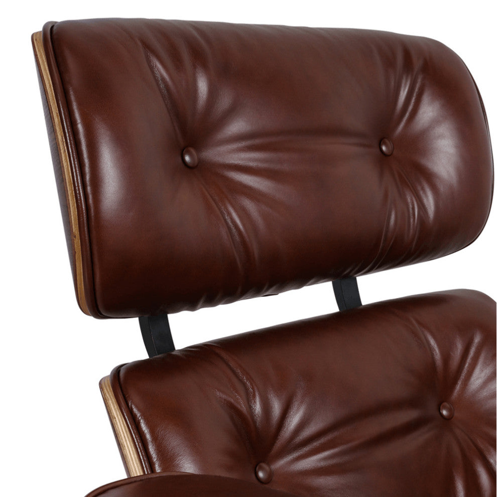 35" Brown Tufted Genuine Leather Swivel Lounge Chair With Ottoman