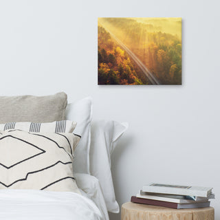 Sunrise Railroad Misty Forest Golden Haze Landscape Photo Canvas Art Print, 16" X 20"
