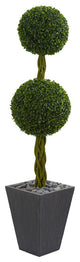 5' Double Ball Boxwood Topiary Artificial Tree, Slate Planterr