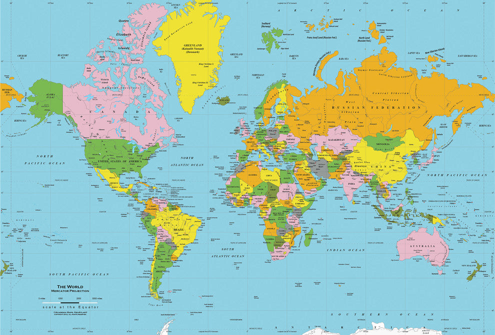 World Map Wall Decal, Classic Colors, 62"x42"