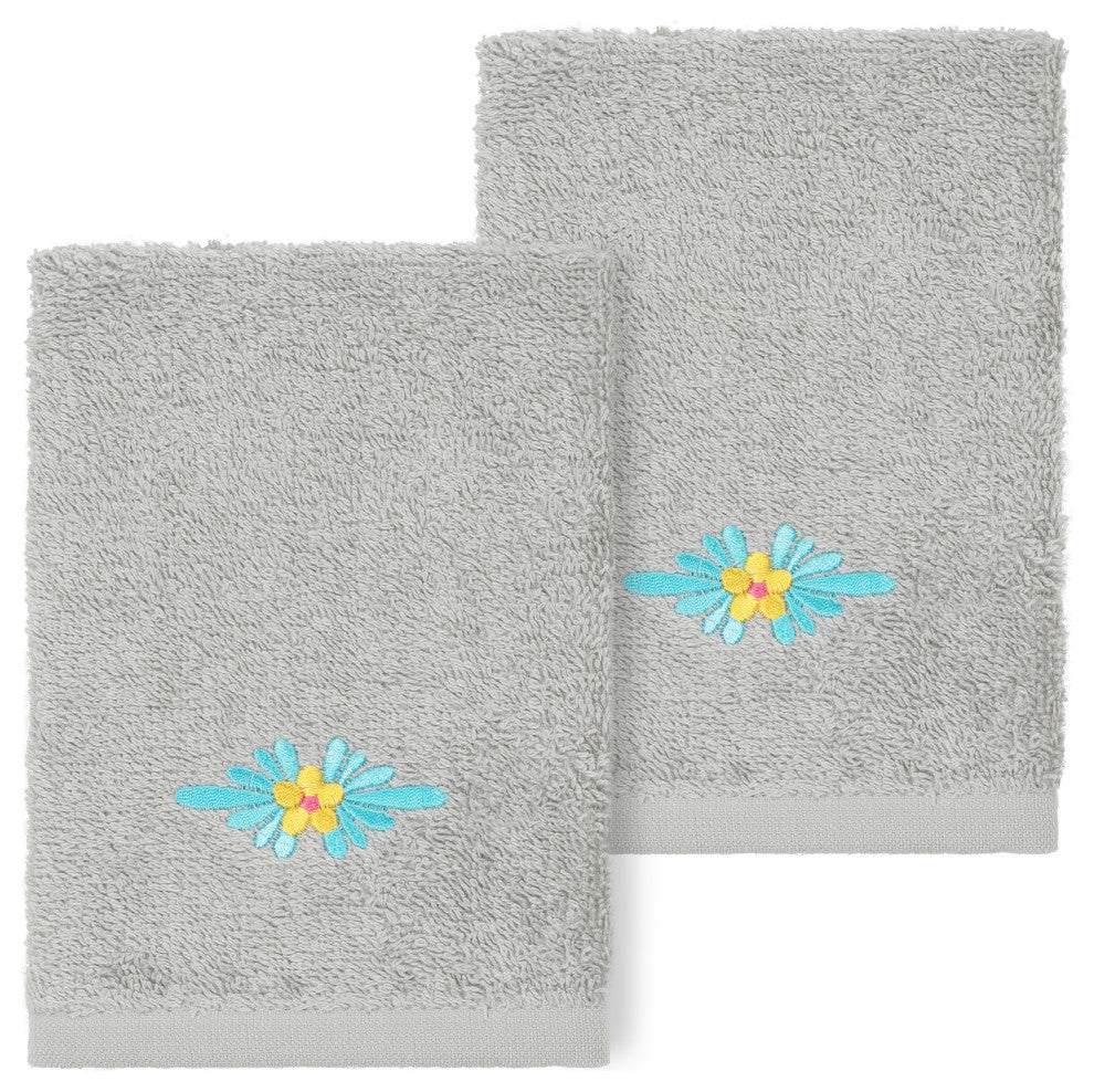 Linum Home Turkish Cotton Feliz 2-Piece Embellished Washcloth Set, Light Gray