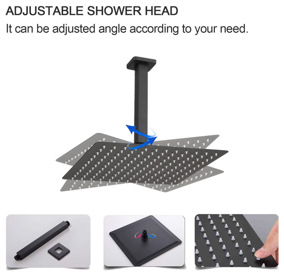 Ceiling Mounted Shower System Set With 16" Rain Shower Head, Matte Black