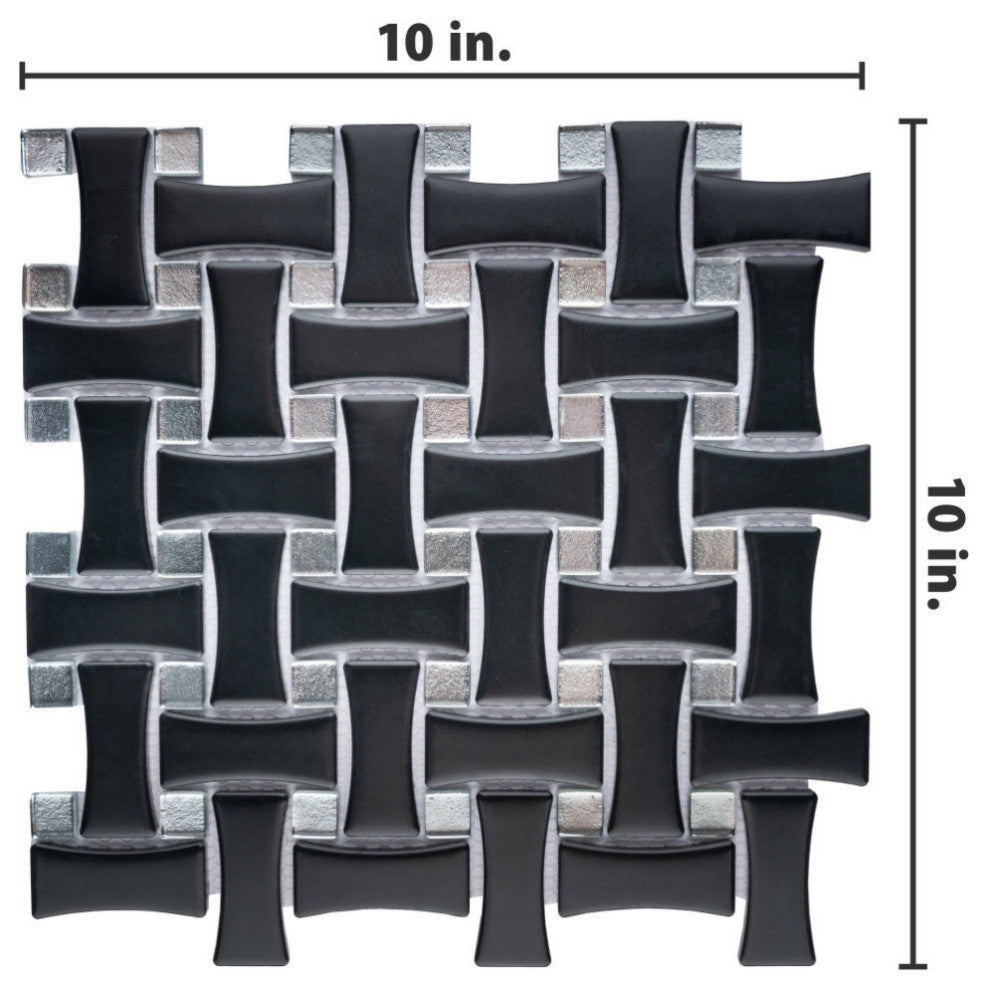 Metro Dog Bone Basketweave With Glass Gold Dot Porcelain Mosaic Wall Tile Sample
