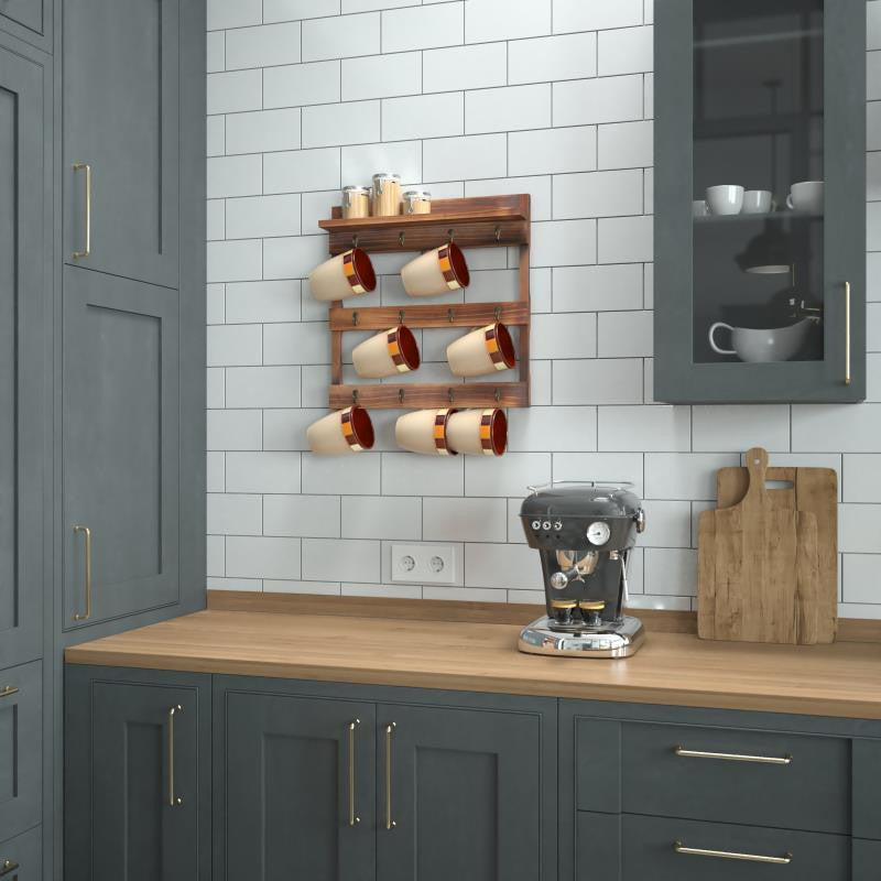 Campbell Wooden Wall Mount Mug Rack, Rustic Brown