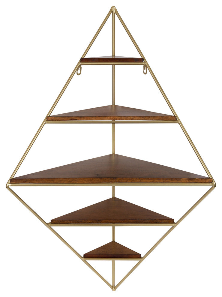 Melora Metal and Wood Corner Wall Shelf, Gold 5 Shelves