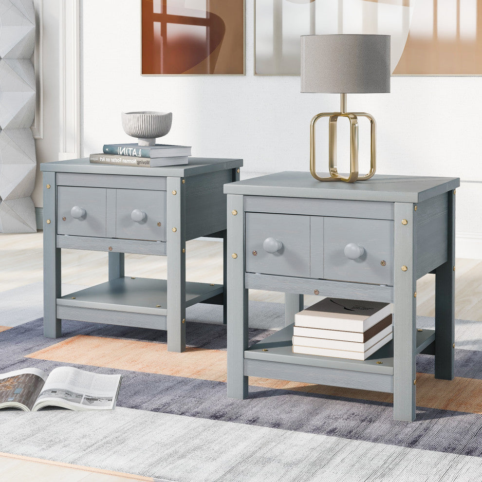 1-Drawer Wood Nightstand with Open Shelf (Set of 2) , Grey, 19'' X 16''