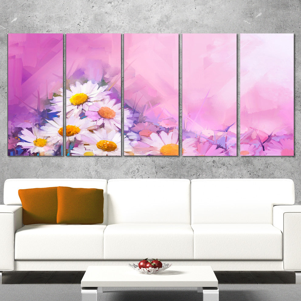 Bouquet of White Gerbera and Daisy, Floral Canvas Art Print, 60"x28", 5 Panels