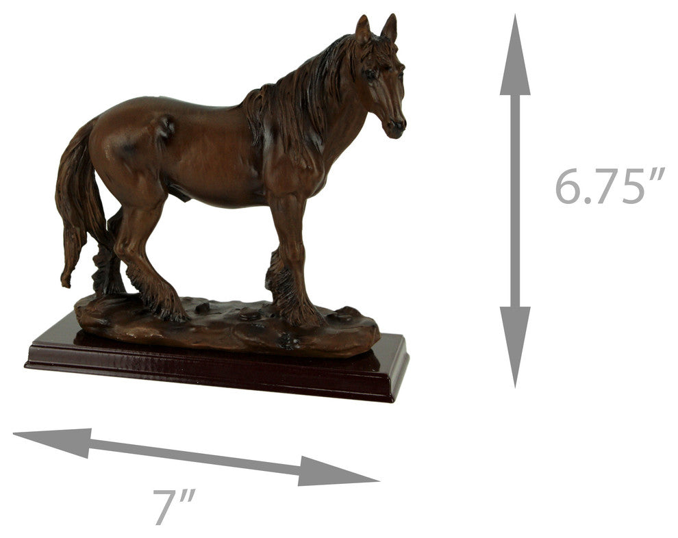 Brown Feathered Foot Standing Horse Statue On Wood Base