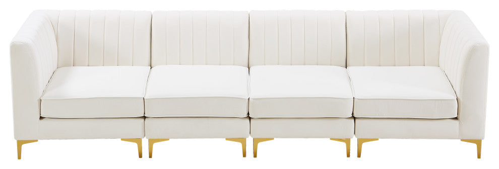 Alina Velvet Upholstered 4-Piece Modular Sofa, Cream
