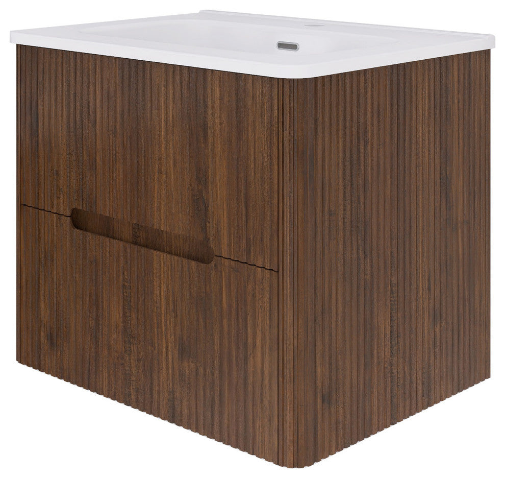 24 inch Wall-Mounted Bathroom Vanity Set with Ceramic Integrated Sink, Walnut