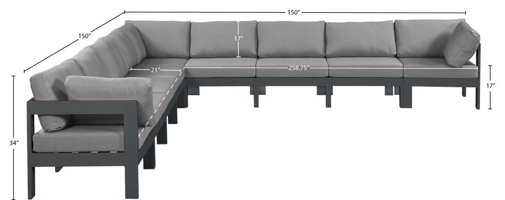 Nizuc Water Resistant Patio L-Shaped Modular Sectional, Gray, 9-Piece: 6 Armless Chair, 3 Corner Chair, Dark Gray Aluminum Frame
