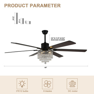 65 inch Crystal Ceiling Fan with Light  and Remote,6-Speed Reversible, Black