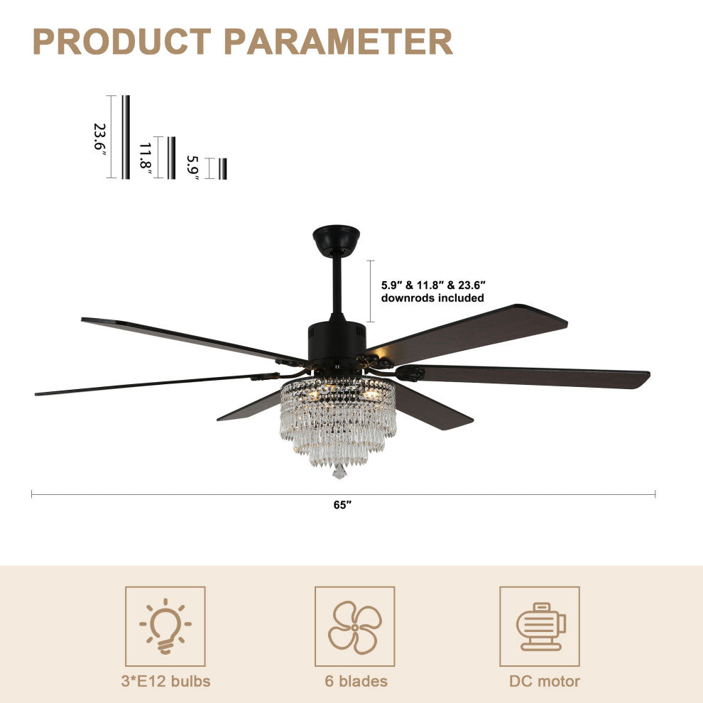 65 inch Crystal Ceiling Fan with Light  and Remote,6-Speed Reversible, Black