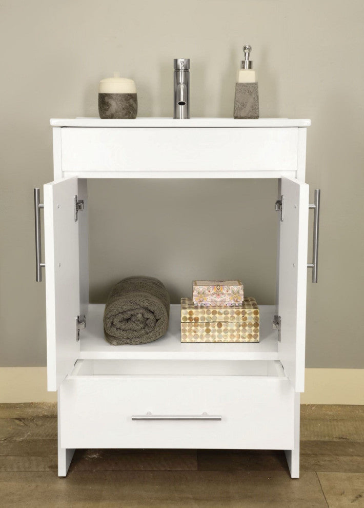 Pacific 24 Bathroom Vanity With Ceramic Top and Brushed Nickel Handles, White