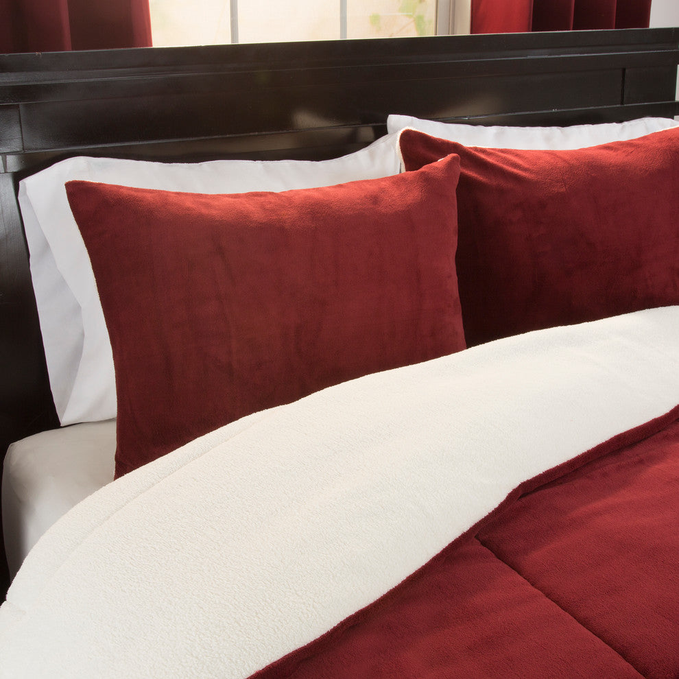 Sherpa/Fleece Comforter Set, Burgundy, King, 3 Piece