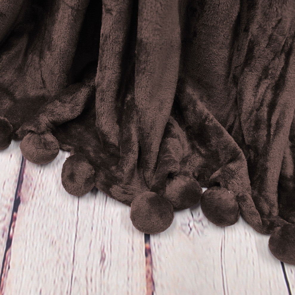 Pom Pom Flannel Fleece Throw Blanket, Chocolate, 50" X 60"