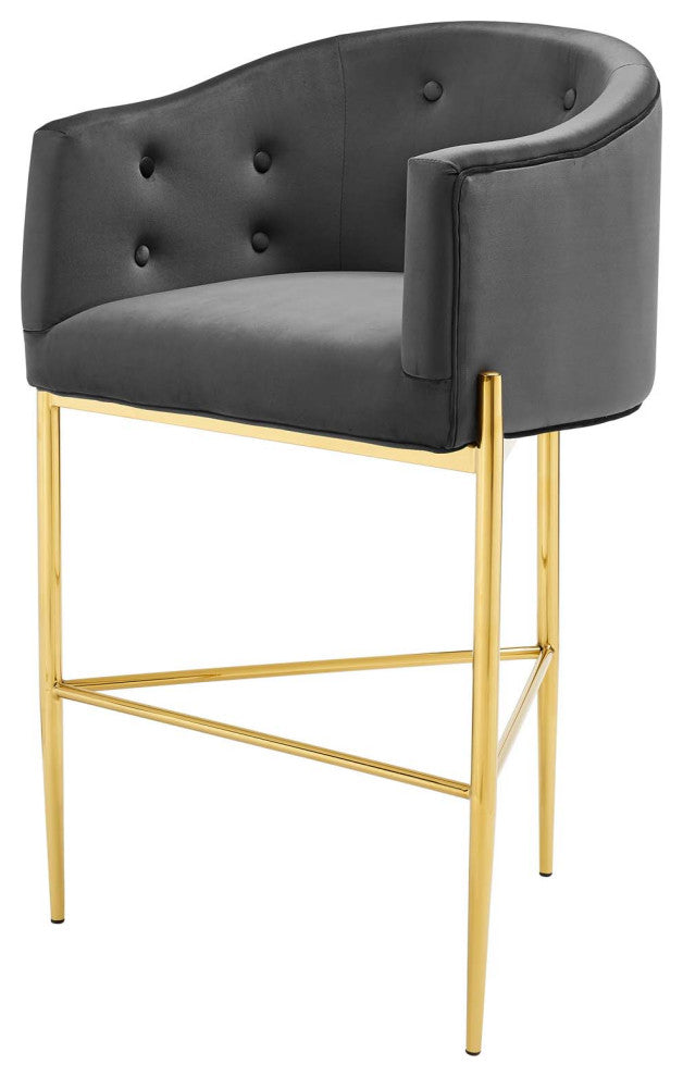 Tufted Bar Stool Chair Barstool, Set of 2, Velvet, Dark Gray, Pub Cafe Bistro