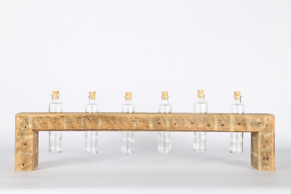 Glass Bud Vase Arrangement With Reclaimed Wood Holder, 6 Bottles