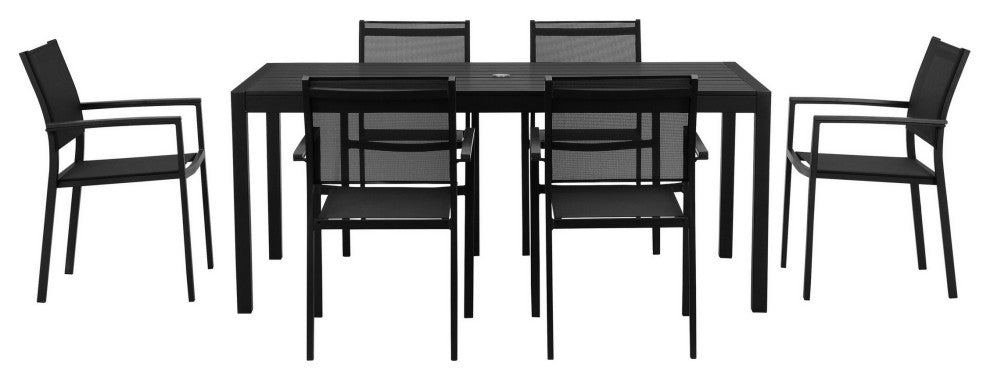 Benzara Fifi 7 Piece Dining Table Set, Black Metal Frames, Smooth Fabric