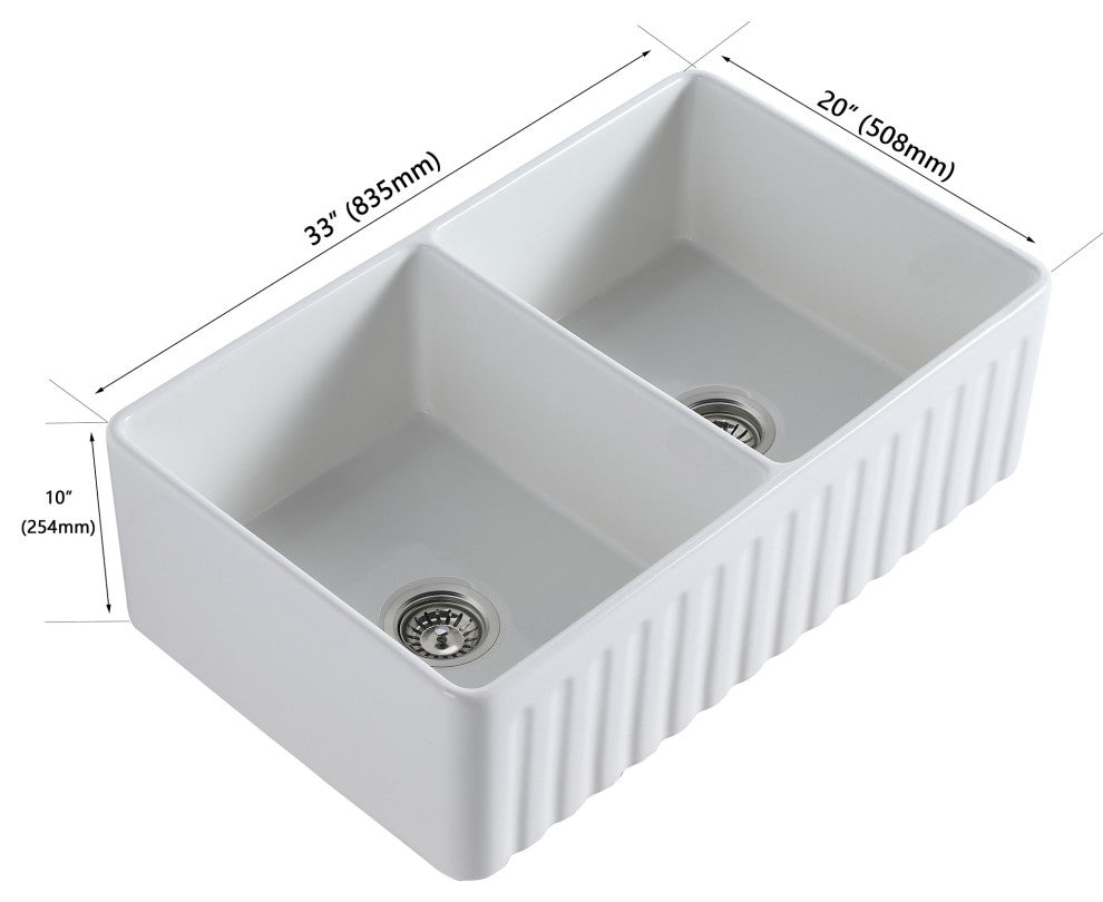 White Ceramic 33 in. Double Bowl Farmhouse Apron Kitchen Sink with Basket Strain
