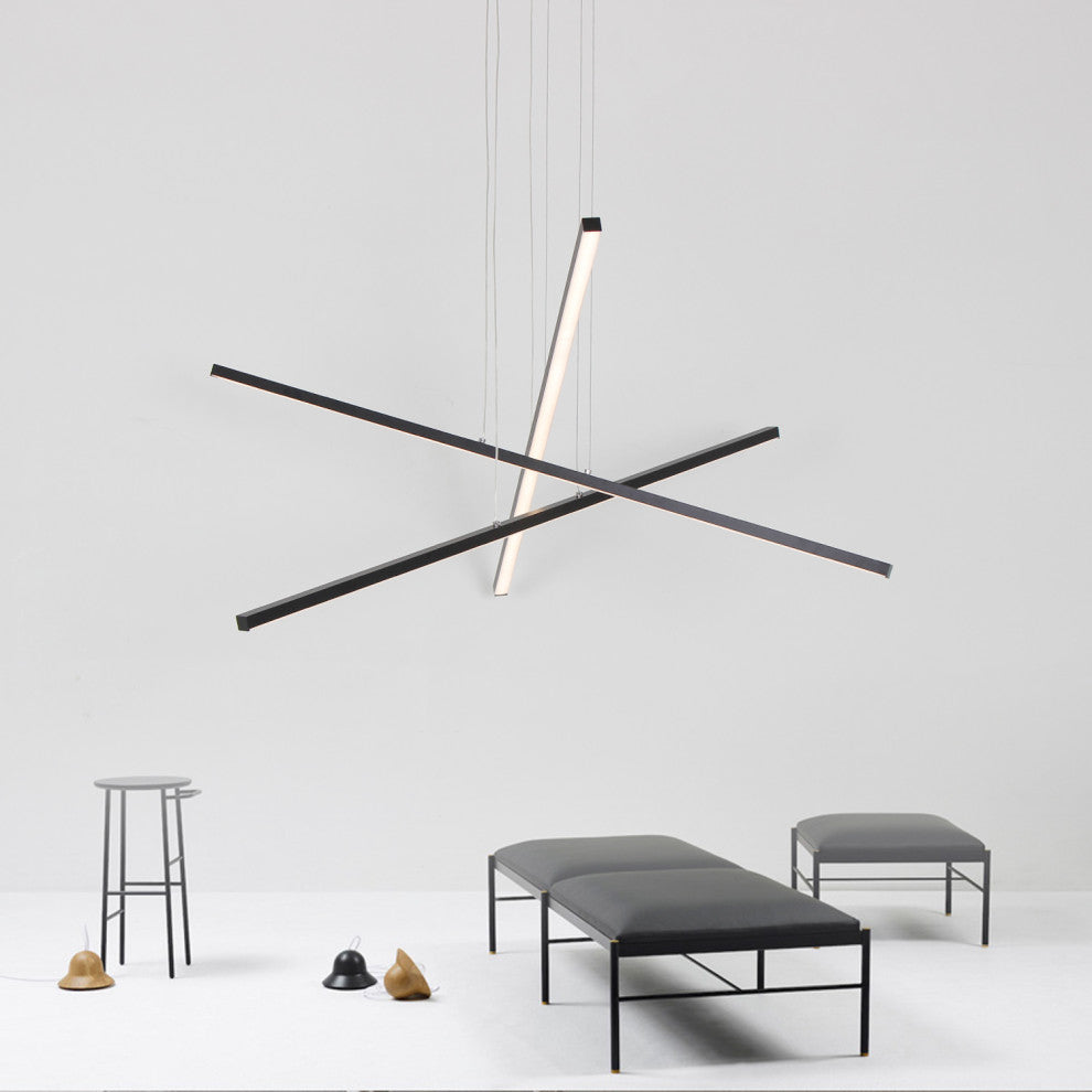 LED Modern Line Pendant Light Dimming, Remote, Aluminum Light, Black, 3 Lights