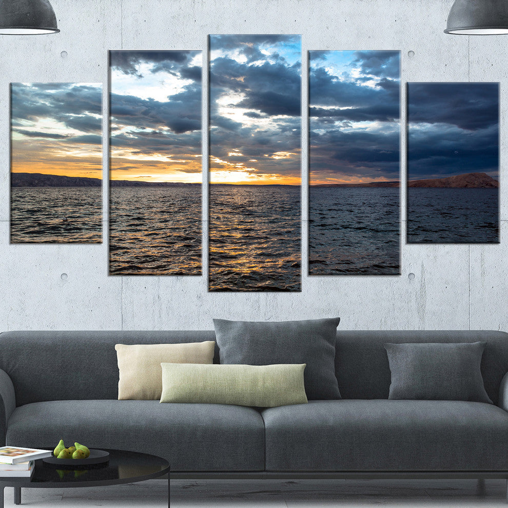 Beautiful Seascape under Cloudy Sky, Seashore Canvas Art, 60"x32", 5 Panels